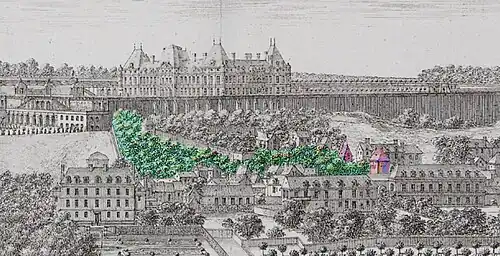En violet sont visibles les deux pavillons du musée. En vert figure l'emprise des jardins. Estampe d'Israël Silvestre (vers 1685).