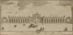 Gravure au burin sur papier vergé représentant les fontaines de la face opposée à l'Hôtel de Ville de Nancy, sur la place Stanislas.