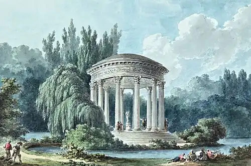 Aquarelle de Claude-Louis Châtelet montrant le Temple et les arbres de l'île