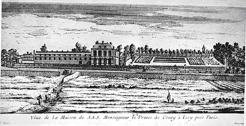 Vue du château d'Issy depuis la route de Paris à Meudon, gravure (vers 1710).