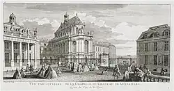 À gauche, l'aile avant sa transformation néoclassique, et la chapelle royale au centre, vers 1730.