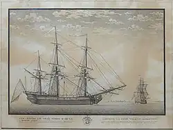 Vue des navires négriers Les trois frères et de la corvette Le cerf volant appartenant à Messieurs Rasteau, armateurs à La Rochelle.