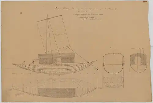 Exemple de plan réalisé par François-Edmond Pâris : il s'agit du relevé d'un Pansway du Bengale, un bateau à voile qui est figuré en vue latérale et en coupes transversales et longitudinales. Il est accompagné de nombreuses annotations décrivant les matériaux et les techniques de réalisation.