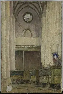 Paul Jamot, Vue intérieure de l’église des Jacobins de Toulouse, avec les voitures contenant les tableaux évacués du Louvre, 1918, musée du Louvre