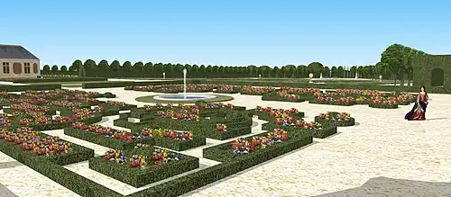 Vue du parterre de fleurs en sortant du vestibule, vers 1660.