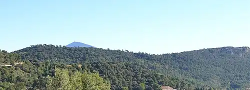 Vue panoramique de l'oppidum dominé par le sommet du mont Ventoux