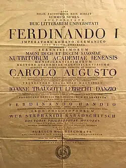 Le diplôme de docteur honoris causa en philosophie à Vuk à Iéna.