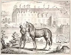 Gravure montrant un homme tenant un cheval par les rênes, au second plan un bâtiment
