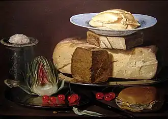 Nature morte aux fromages, artichaut et cerises, c. 1625.