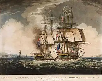 Tableau représentant deux navires bord à bord se tirant dessus