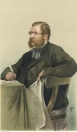 Dessin en couleurs de Waddington assis à une table et écrivant une lettre, le ''Times'' à la main.