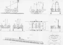 Plan de deux wagons-frein et composition de wagons utilisés sur la ligne avec 10 wagons et un wagon-frein.