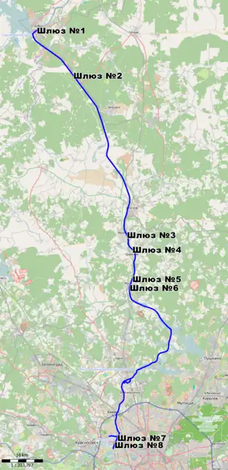 Carte du canal de Moscou avec ses écluses.