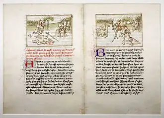 Extrait du Livre de Gerard de Nevers - Jean de Wavrin (début du XVe siècle) - Bibliothèque royale de Belgique - ms 9631 - f.21v et f.20
