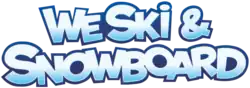 Le texte We Ski & Snowboard est écrit en bleu et blanc.