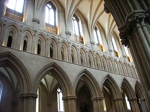 Les trois niveaux de la nef (1192-1230) de la cathédrale de Wells, la première en Angleterre à utiliser exclusivement des arcs brisés dans les voûtes du plafond, les fenêtres du clair-étage et les arcades du triforium, ainsi que les arcades du rez-de-chaussée.