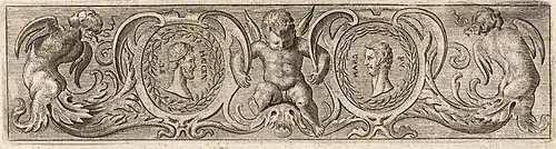 Grisaille baroque. Au centre, un angelo passe ses bras dans les arceaux de deux médaillons.