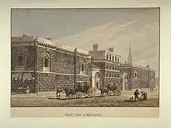 La seconde prison de Newgate sur un dessin du XIXe&nbsp;siècle : A West View of Newgate par George Shepherd&nbsp;(en)