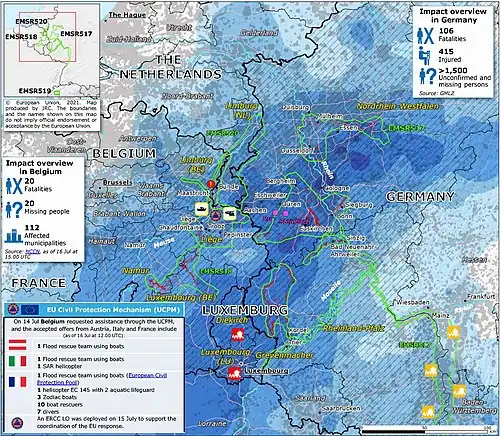 Carte des principales régions inondées selon le Centre de coordination de la réaction d'urgence (ERCC).