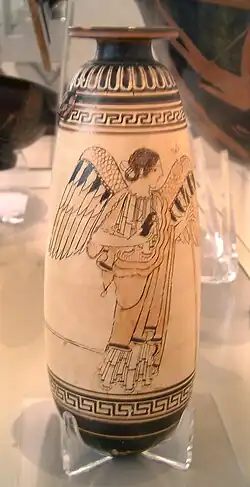 Niké et un athlète sur un alabastre à fond blanc, de l'école du Peintre Fondeur, vers 480 av. J.-C., trouvé à Tanagra, Berlin, Antikensammlung.