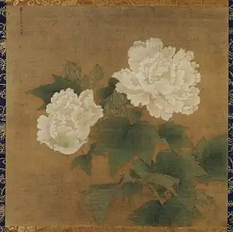 Modelé à lumière non dirigée. Fleurs d'hibiscus blanches, Li Di, 1197, Song du Sud, encre et couleurs sur soie, 25,2&nbsp;×&nbsp;25,5&nbsp;cm. Tokyo, National Museum.