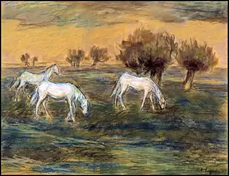 Chevaux blancs dans la plaine (1984), pastel, 44&nbsp;×&nbsp;63&nbsp;cm, Musée des Franciscaines à Deauville.