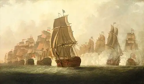 « Le navire amiral HMS Victory à la bataille du Cap Saint-Vincent de 1797 » : le même épisode que précédemment vu sous un autre angle avec le Victory au premier plan. Tableau attribué au lieutenant William Elliott (peintre)&nbsp;(en).