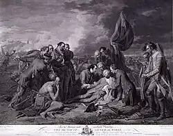 Gravure en noir et blanc. Tandis qu'une bataille est toujours en cours à l'arrière-plan, un groupe de personnages est rassemblé autour du général Wolfe, allongé mais soutenu par trois personnages, au centre. Parmi les personnages, un indien agenouillé à gauche, un porte-drapeau à droite et semble-t-il, des officiers d'armées différentes.