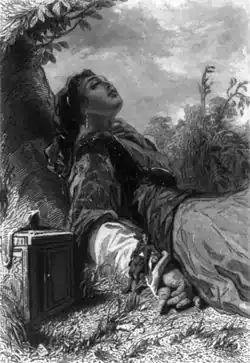 Gravure représentant Gulliver et la géante Glumdalclitch, illustration extraite d'une édition française des "Voyages de Gulliver" de Jonathan Swift.