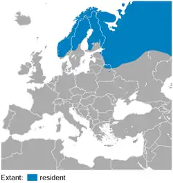 Répartition géographique du lagopède des saules en Europe, avec en bleu foncé la zone de reproduction et en bleu clair la zone d'habitat.