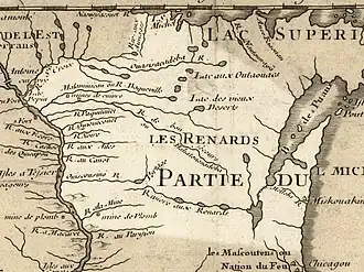 Gravure représentant une carte du Wisconsin en Nouvelle-France par Guillaume Delisle en 1718.