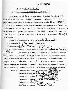 Certificat d'exécution de Witold Pilecki, signé par le bourreau Piotr Śmietański, le 25 mai 1948.
