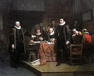 Rencontre entre Guillaume le Taciturne et Huijg Jansz. van Groenewegen, bourgmestre de Delft, Prinsenhof de Delft.