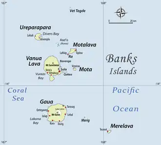 Carte des îles Banks. Merig se trouve entre Gaua et Merelava.