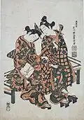 Estampe par Ishikawa Toyonobu des acteurs de kabuki Onoe Kikugoro et Nakamura Kiyosaburo en jeune couple assis jouant du shamisen, signée « Meijōdō Ishikawa Shūha Toyonobu zu », 1750-1758.