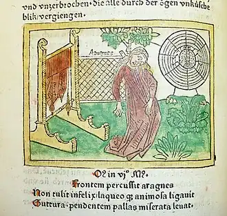 Suicide d'Arachné, suivi de sa métamorphose. Gravure sur bois, XVe siècle.