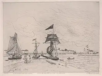 Jetée en bois dans le port de Honfleur (1865), eau-forte publiée par la Société des aquafortistes.