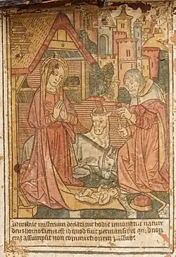 Xylographie de la Nativité attribuée à l'atelier du Maître des Très Petites heures d'Anne de Bretagne, collée à l'intérieur du couvercle du coffret