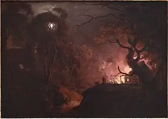 Wright of Derby, cottage on fire at night (Chaumière en feu la nuit).