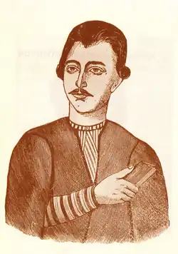 gravure naïve sépia : portrait d'homme moustachu