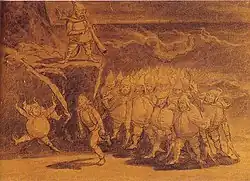 Gravure dans les tons jaunes, montrant un home entouré de lutins