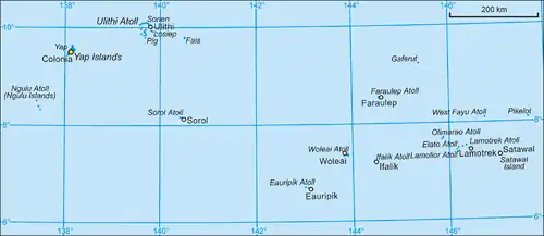 Carte en couleur montrant différentes îles. La mer est en bleu. Pikelot se trouve à l'extrême est de la carte.