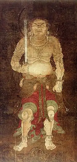 Acala (Fudō Myōō). XIIe&nbsp;siècle d'après le modèle de 838 d'Enchin. Peinture sur soie, H. 168&nbsp;cm. Manshu-in, Kyōto.