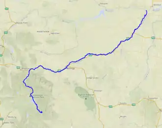 Carte moderne du cours de la rivière qui traverse le parc national de Yellowstone au Wyoming, Billings dans le Montana et rejoint le Missouri.