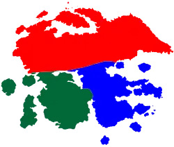 Carte géographique fictive, comportant quelques couleurs.