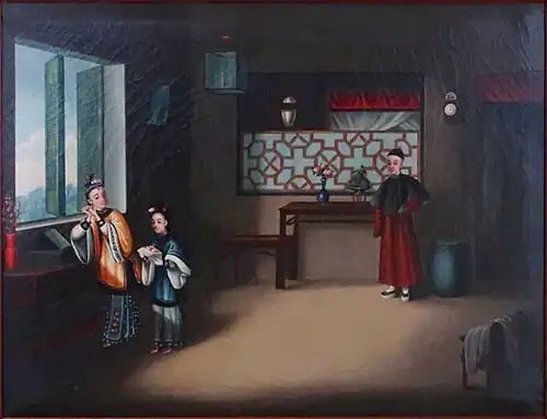 Youqua, av. 1844. Dame, servante et jeune homme dans un intérieur. Huile/toile, 45 x 60&nbsp;cm.
