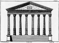 Dessin en noir en blanc de la façade d'un monument a colonnes surmontées d'un fronton triangulaire.