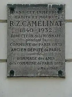 Plaque en hommage à Zéphirin Camélinat au no 137.