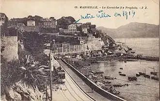 Tramway sur la Corniche, au début du XXe&nbsp;siècle.
