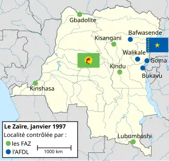 Carte du Zaïre. Les villes de Bafwasende, Bukavu, Goma et Walikale, à l'est, sont contrôlées par l'AFDL tandis que les villes de Gbadolite (au nord), Kinshasa (à l'ouest), Lubumbashi (au sud), Kisangani et Kindu (ces deux dernières villes au centre) sont tenues par les FAZ).